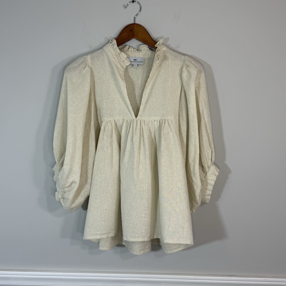 Never A Wallflower Blouse Metallic Cream Puff Sleeve Ruffle Old Money Victorian
